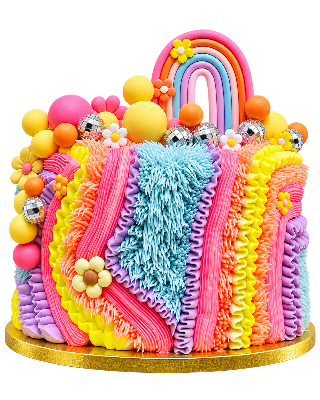 Colorful custom cake with rainbow, flowers, and piped buttercream